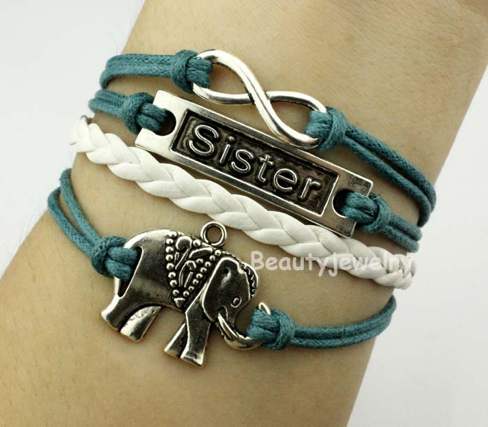 Infinity Bracelet, Sister Bracelet,elephant Bracelet,wax Cords Braided Leather Charm Bracelet, Friendship Gift, Christmas Gift